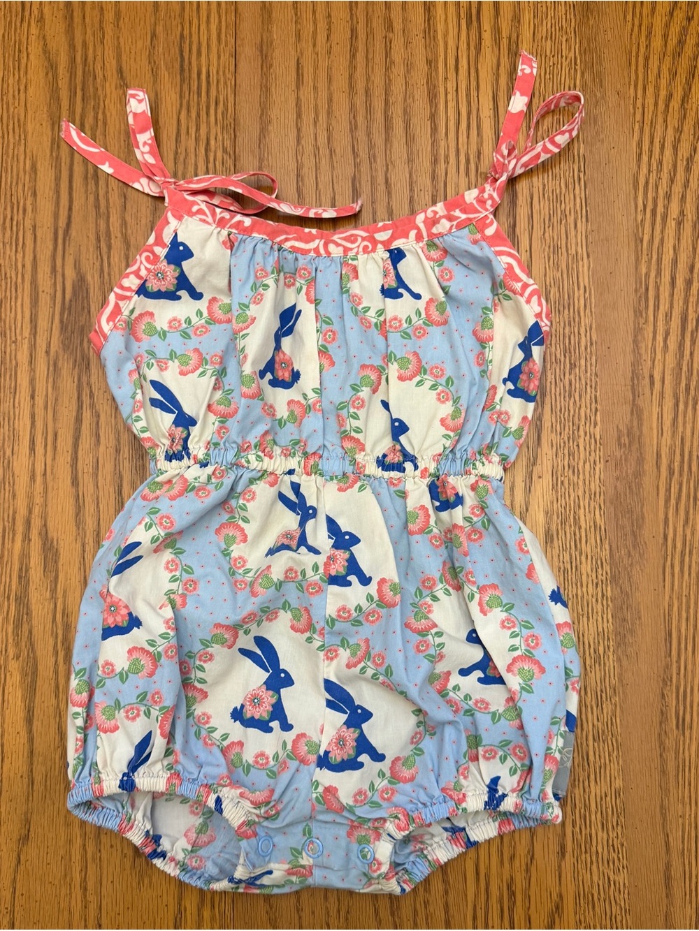 Eleanor Rose Blue Bunny Print Romper with Pink Trim